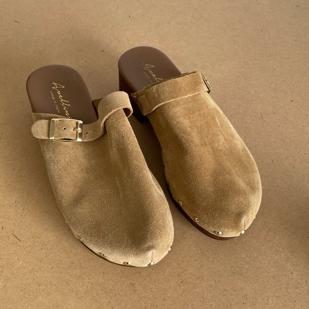 Avellini Made in Italy Tan Suede Clogs with Gold tone metal adjustable Buckle.
